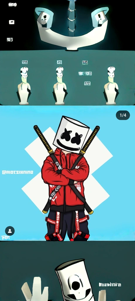 DJ marshmallow version Hashira cyberpunk wearing a black and white kimono tunic using a black scythe carrying on his back