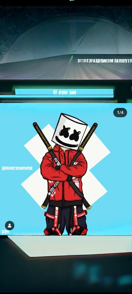 DJ marshmallow version Hashira cyberpunk wearing a black and white kimono tunic using a black scythe carrying on his back