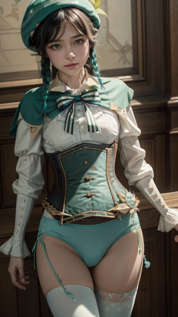 Masterpiece, Best Quality, 1 Girl, Ventidef, Beret, Flower Hat, White Shirt, Lace, Long Sleeves, Ruffled Sleeves, Corset, Cape, (((Green Panties))), See Through, Tight Clothing, White Pantyhose, Jewelry, Brooch, Bar, Blushing, Skinny, Cameltoe,