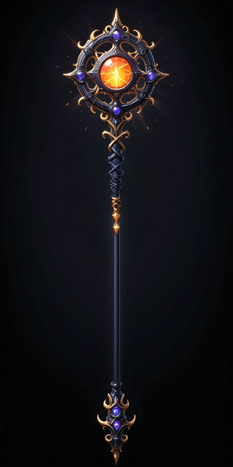 pixel art, cartoon illustration, Divine glavie greatstaff, Powerfull Magical theme, simple black background, RPG game icon