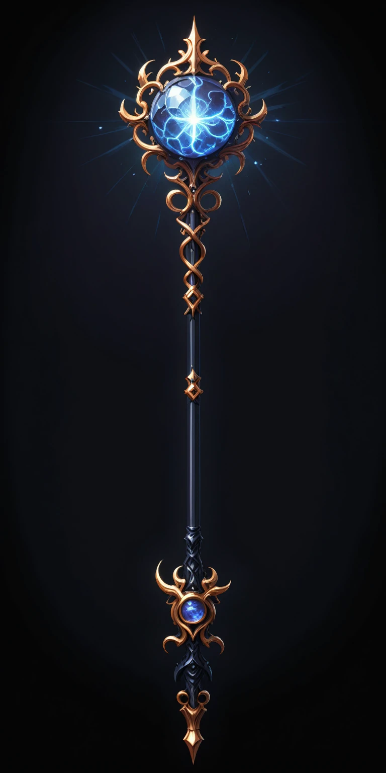 pixel art, cartoon illustration, Divine glavie greatstaff, Powerfull Magical theme, simple black background, RPG game icon 