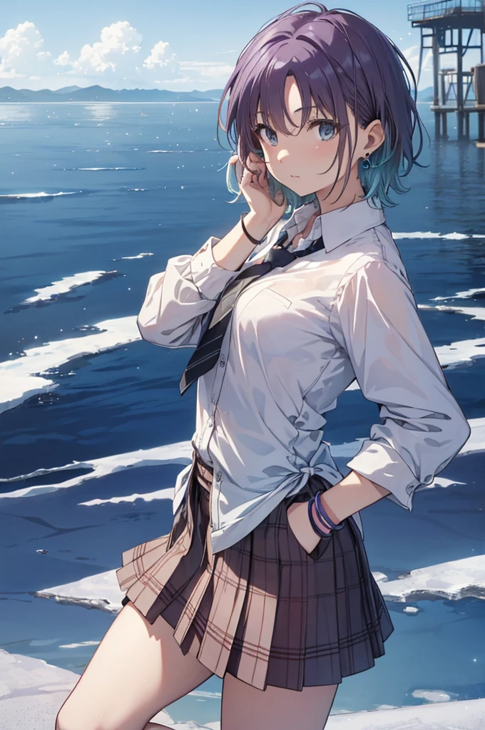 ((Highly detailed face,Perfect Face)),(Beautiful Face: 1.1), (((Perfect hands,Perfect Anatomy))),Sexy Body,Browsing Caution, <skin、The hair、quality> Transparency, Glowing Skin, shiny hair, <quality> Top quality, 4kquality, High resolution, 超High resolution, 8k,(Vibrant colors: 1.2), High resolution, Super detailed, Ultra Sharp, super High resolution, Film script, , (wonderful_quality: 1.0), ((toru asakura、blue hairs、Earrings、gradation hair、multi color hair、分けた前hair、Purple hair、short_hair, )), <sight、Expressionless、Pause prompt> Sparkling Eyes,View Viewer, blush, ((,Back view)), Fascinating, Shining Eyes, Nice face, Are standing , Raise one leg, ((masterpiece)), top-quality, Anime Art Wallpaper 8K, Walking on Water((toru asakura、blue hairs、Earrings、gradation hair、multi color hair、分けた前hair、Purple hair、short_hair, barefoot, Loose tie、cardigan、Plaid、Plaidスカート、Pleated skirt、、Skirt、Rolled up my sleeves、Wristband )),, ripple, Dawn Background, Saturn in the background, Awareness-raising, Concept Art, And soul, Key Visual, WLOPによるトレンドのpixiv Fanbox, Greg Rutkowski, Makoto Shinkai, Mamoru Hosoda, Studio Ghibli, Uyuni Salt Flats scenery