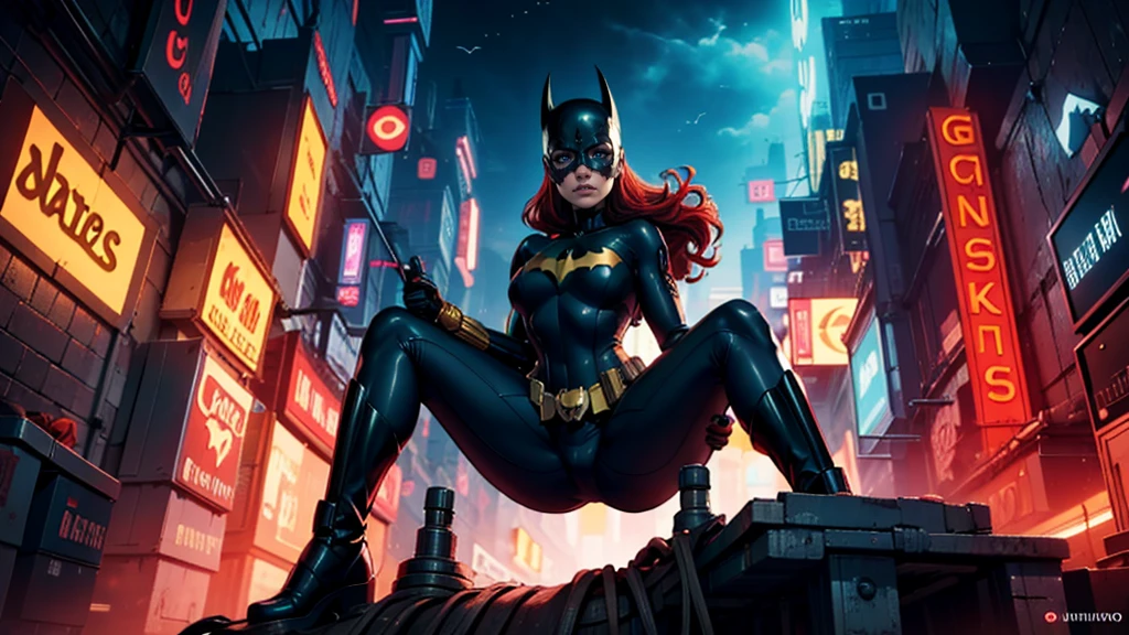 Obra de arte, Foto ultrafina, batgirl mask, melhor qualidade, ultra high resolution, Fotorrealista, luz solar, retrato de corpo inteiro, inacreditavelmente lindo, dynamic poses, rosto delicado, olhos vibrantes, (vista lateral) , ela usa fantasia futurista do Batman, seios grandes, decote, abaixo do peito, Sitting on top of a building, fundo muito detalhado, fundo de cidade de noite, olhando para o espectador, 1girl, rosto detalhado, Maravilhoso, pele altamente detalhada, detalhe de pele realista, sharp focus, volumetric fog, 8k hd, DSLR, alta qualidade, film grain, Pele clara, fotorrealismo, Lomografia, in a dystopian and sprawling future metropolis, visto de baixo, translucent, fundo cyberpunk, futurista, luzes neon, cyberpunk, system wave, night city