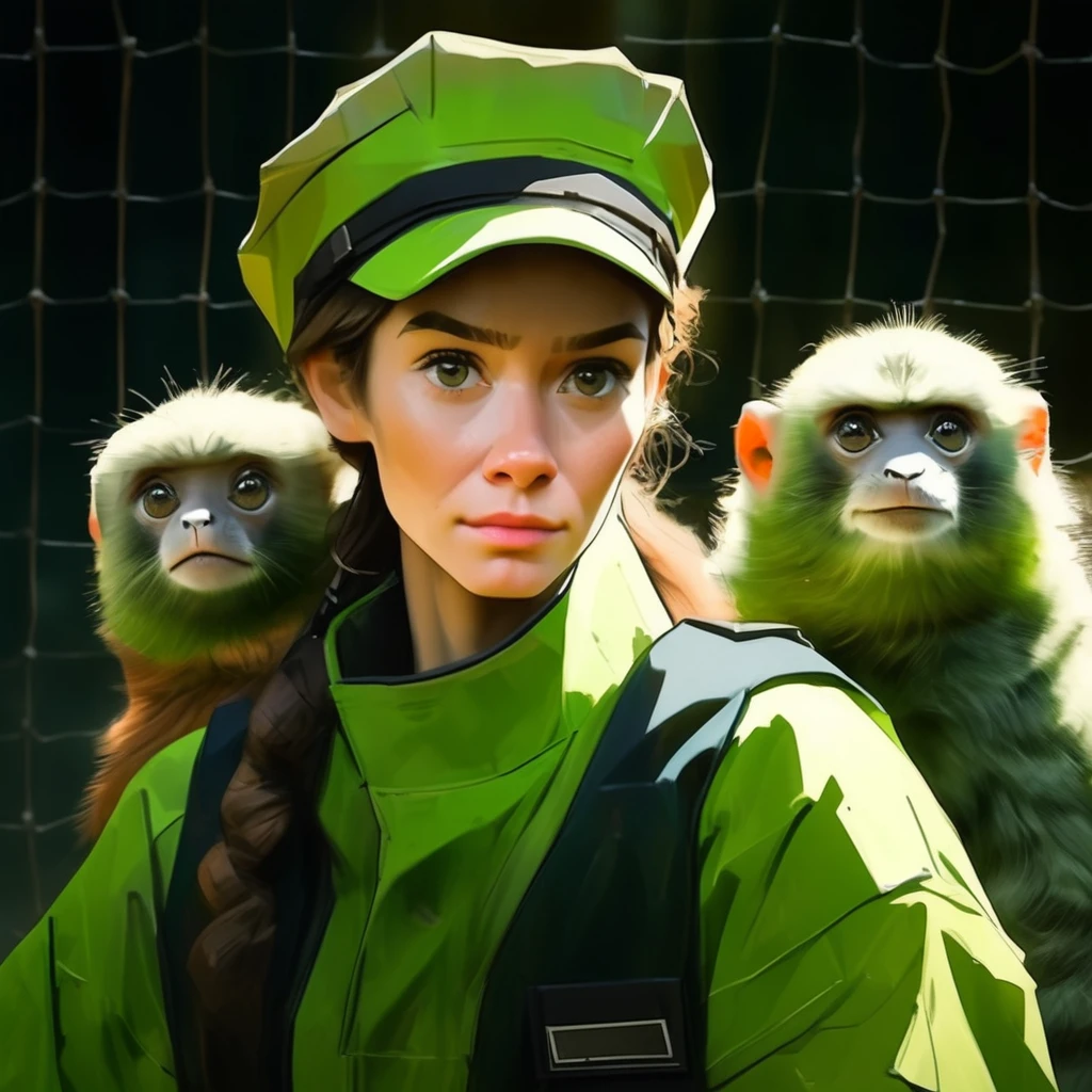 female zookeeper with green clothing, close-up, portrait
