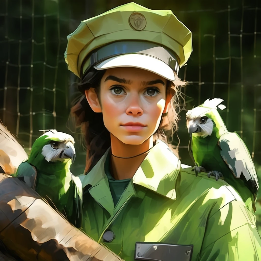 female zookeeper with green clothing, close-up, portrait
