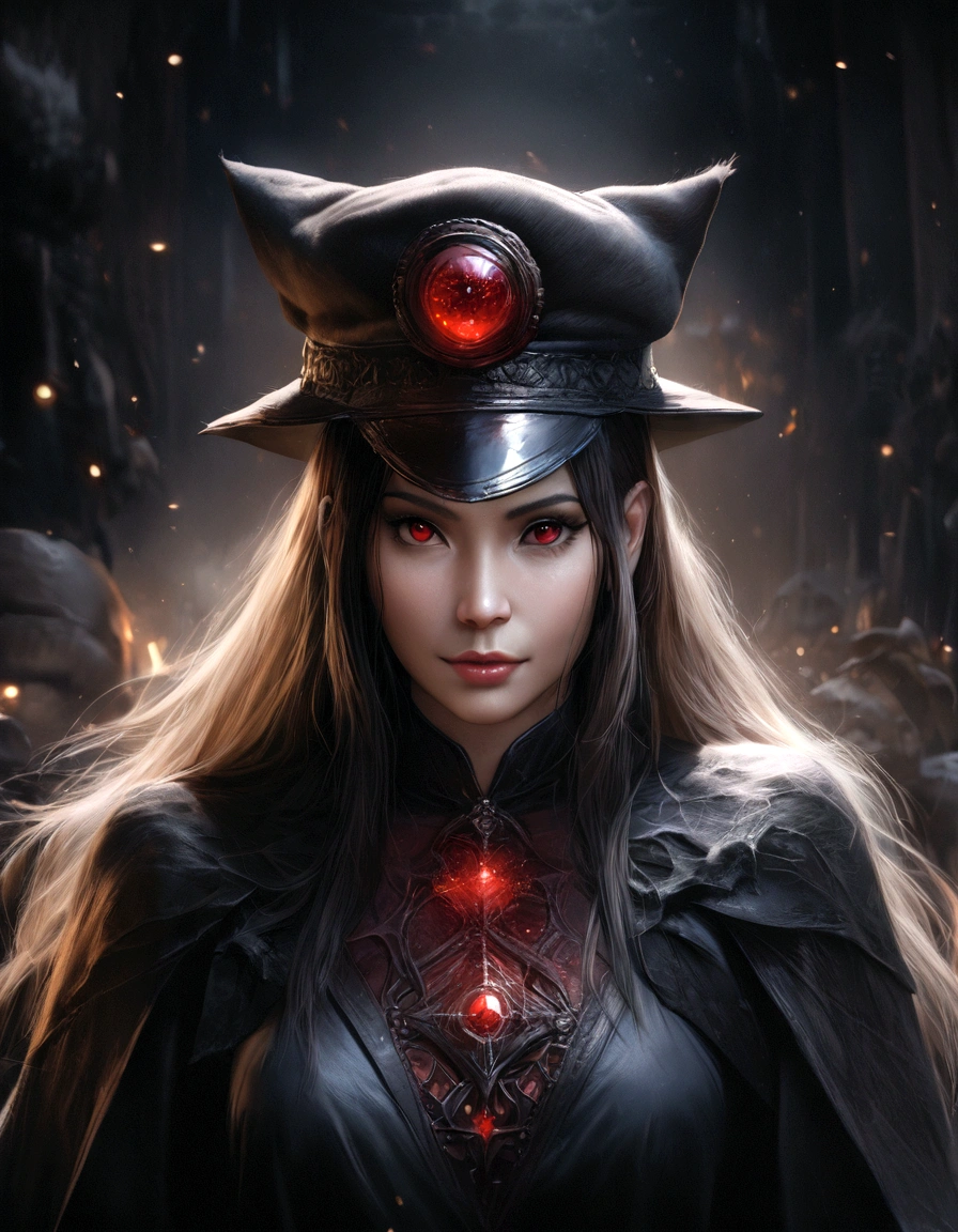 Beautiful anime girl with long straight black hair, Sharp red eyes, Wearing a black dress, emitting Dark Power, (highest quality,4K,8k,High resolution,masterpiece:1.2),Super detailed,(Realistic,photoRealistic,photo-Realistic:1.37),Complex and detailed face, Highly detailed eyes, Detailed facial features, Dark fantasy, Dramatic lighting, Structure of the film, Gloomy atmosphere, black magic, black magic, Dark Power, Dark Energy,Cat hat