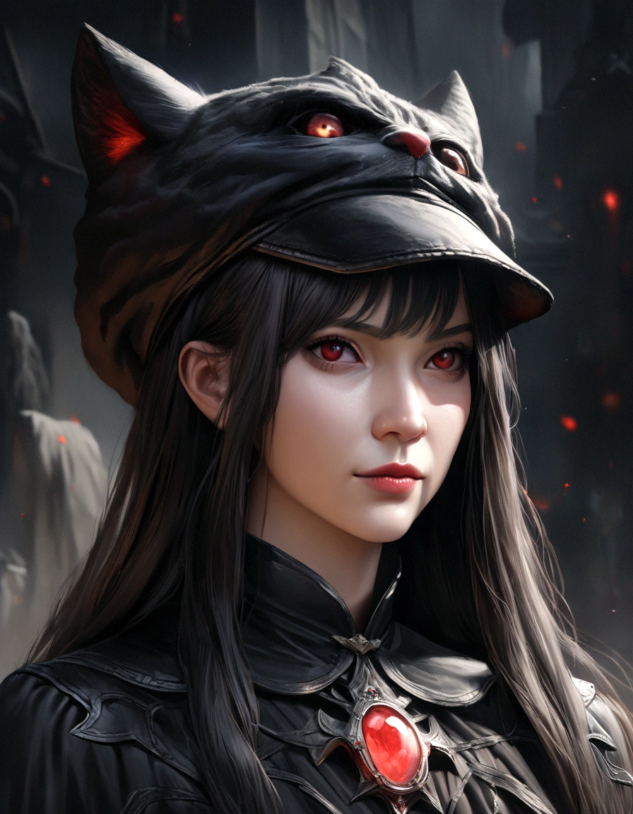 Beautiful anime girl with long straight black hair, Sharp red eyes, Wearing a black dress, emitting Dark Power, (highest quality,4K,8k,High resolution,masterpiece:1.2),Super detailed,(Realistic,photoRealistic,photo-Realistic:1.37),Complex and detailed face, Highly detailed eyes, Detailed facial features, Dark fantasy, Dramatic lighting, Structure of the film, Gloomy atmosphere, black magic, black magic, Dark Power, Dark Energy，Cat hat