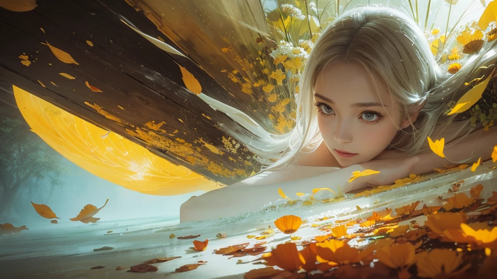 32k, Masterpiece, highest quality, One girl, Detailed eyes, flower,Sandersonia, Yellow and white style,A dreamy, romantic piece,Pale orange, Mysterious Leaves,A playful arrangement,Fantasy,High Contrast,Ink strokes,explosion,Exposure, Impression of yellow and white tones,Abstract,((Watercolours by John Berkey and Jeremy Mann )) Brush strokes,Negative Space, Tyndall effect,