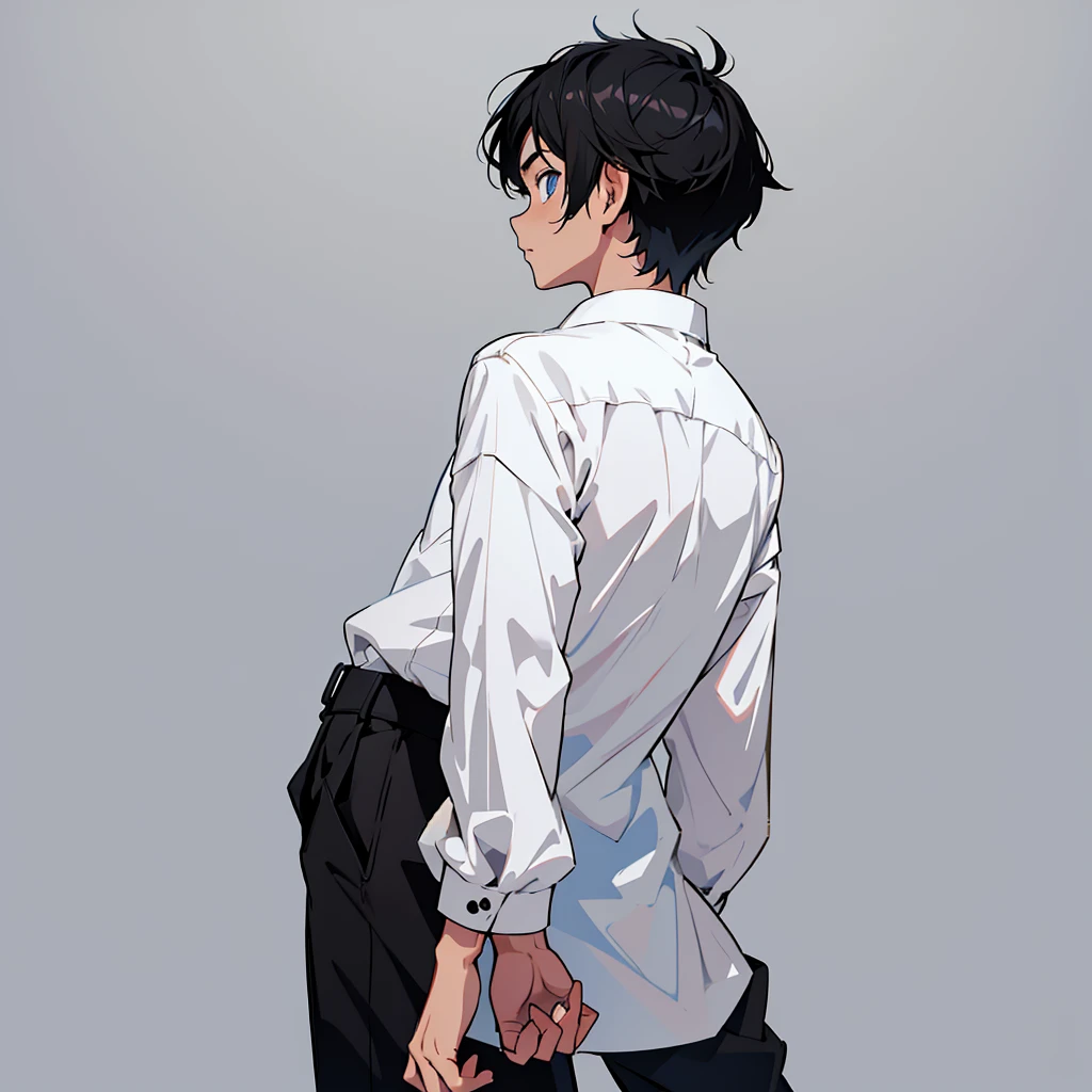 a photo of Kichirō Grigoris, a boy, brunette, with black hair, blue eyes, white blouse, black pants, white sneakers, Front, side, back view animated character. Flat vector illustration. light gray background.