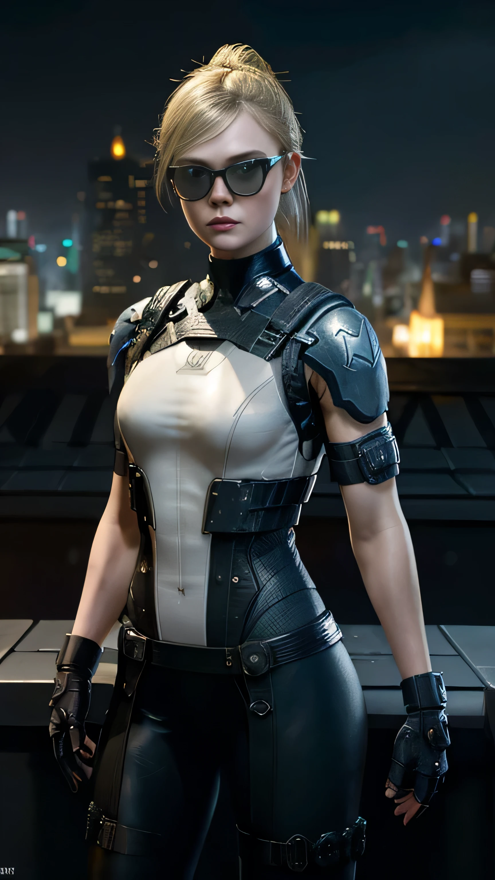 (Elle Fanning) as Cassie Cage from Mortal Kombat, blonde hair, undercut, single hair bun, dog tags, bodysuit, sunglasses, standing, on a rooftop bar at night, standing, 1woman, solo, full body view, front view, looking at viewer, intricate, high detail, sharp focus, dramatic, photorealistic painting art by greg rutkowski