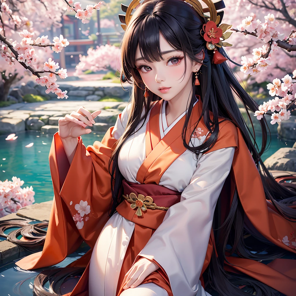 A stunningly beautiful Japanese girl with long, flowing black hair, dressed in an exquisite orange kimono adorned with intricate patterns. Her large, expressive eyes sparkle with a hint of mystery and grace, capturing the essence of traditional elegance. Rendered in a 3D anime realistic style, the scene is brought to life in breathtaking 4K (or 8K) resolution, showcasing every delicate detail from the texture of the kimono fabric to the soft glow of her flawless skin. The background features a serene Japanese garden, with cherry blossom trees in full bloom, adding to the ethereal atmosphere of the image