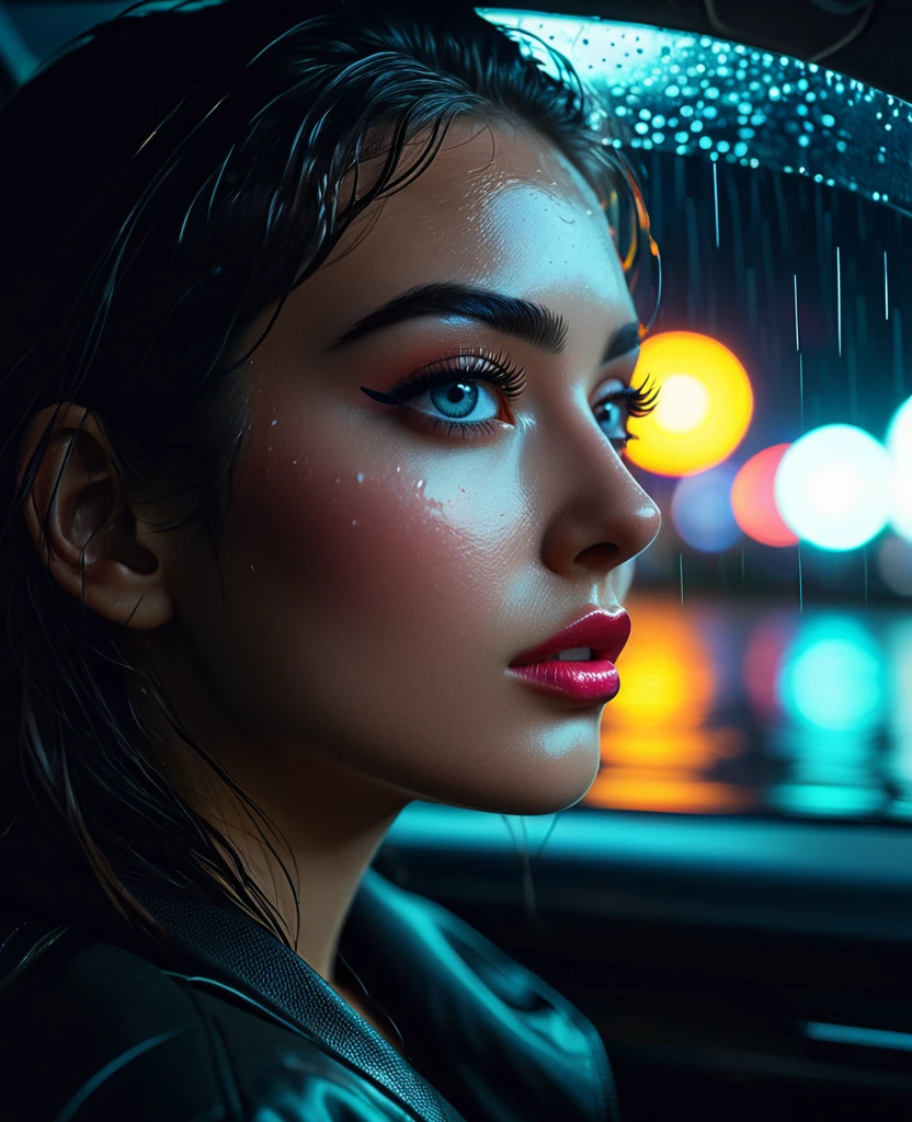a night in the rain on a highway, (view from the driver's seat:2.0), car taillights, car back view, cinematic, moody lighting, dramatic atmosphere, neon lights, dystopian, neon city, cyberpunk, realistic, photorealistic, 8k, hyper detailed, masterpiece, studio lighting, cinematic composition, dramatic color palette, cinematic depth of field, volumetric fog, rainy windshield, glowing headlights, long exposure, beautiful detailed eyes, beautiful detailed lips, extremely detailed eyes and face, long eyelashes
