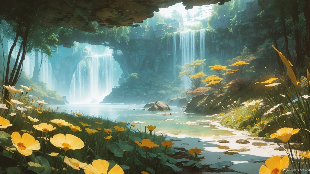 32k, Masterpiece, highest quality, One girl, Detailed eyes, flower,Sandersonia, Yellow and white style,A dreamy, romantic piece,Pale orange, Mysterious Leaves,A playful arrangement,Fantasy,High Contrast,Ink strokes,explosion,Exposure, Impression of yellow and white tones,Abstract,((Watercolours by John Berkey and Jeremy Mann )) Brush strokes,Negative Space, Tyndall effect,