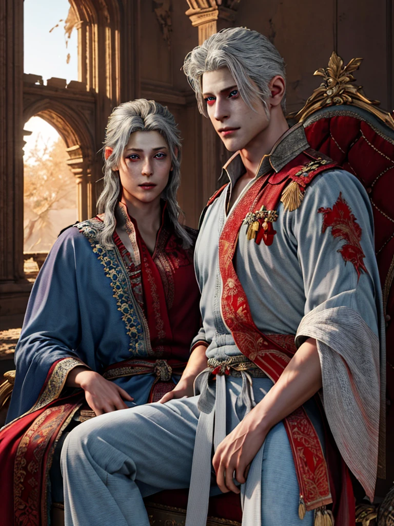 grey-haired, red-eyed the prince sits on a majestic throne inside an abandoned palace. the prince sits on a majestic throne inside an abandoned palace, 1 boy, blonde hair, Blue eyes, 20 years, Cold face, grin slightly, and covered with a dusty cloth. The protagonist is dressed in royal clothes, with a determined expression on his face, when he looks at the horizon with glowing red eyes, two beautiful girls stand behind, young girls, stand tall, dressed beautiful masterpiece, Best quality, ultra detailed, illustration, Concept art in 8K resolution, fantasy art, epic art, concept art wallpaper 4K, deep color, daylight