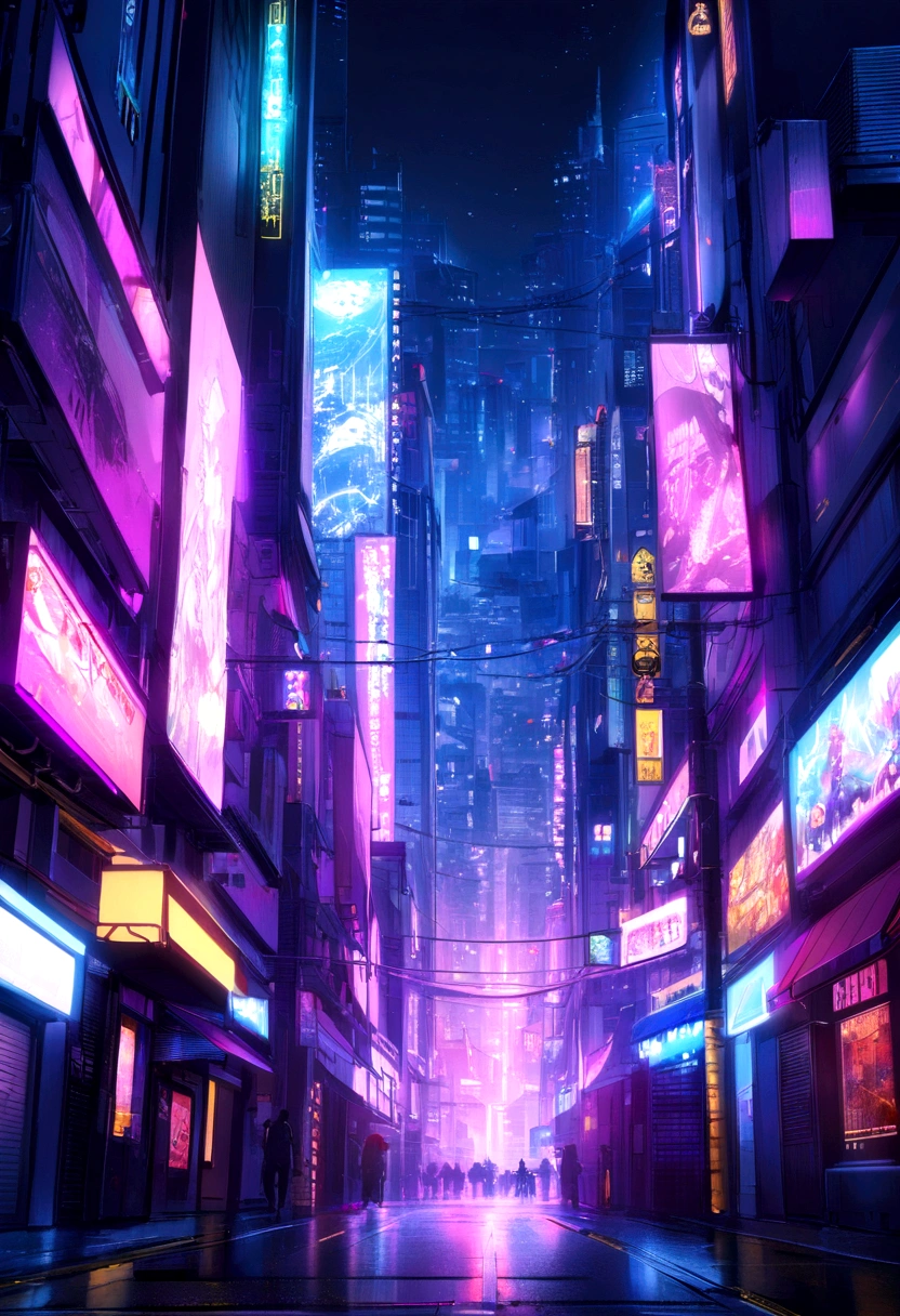 billboard, no humans, cyberpunk 2077 theme, night city, neonlight, purple, blue, japanese style
