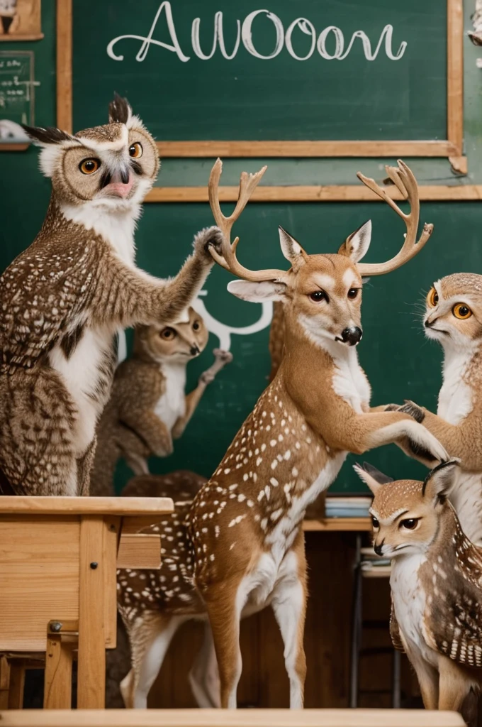 “A group of animals, including a wise owl, a playful monkey, a clever fox, and a gentle deer, are standing in front of a blackboard in a classroom setting. The animals are teaching a group of attentive human students. The owl is holding a pointer, the monkey is writing on the blackboard, the fox is holding a book, and the deer is explaining something with a kind expression. The classroom is filled with educational posters, books, and globes.”