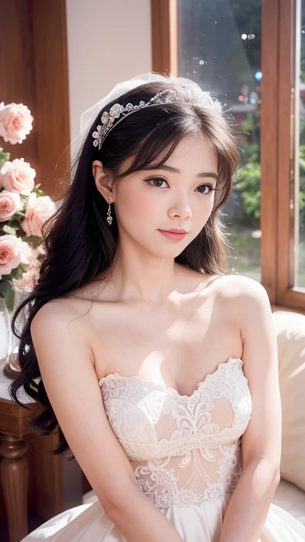Middle school students　13 years old　girl　Cute face　Cute hairstyle　Wearing a wedding dress　Off the shoulder　Big Breasts　bride