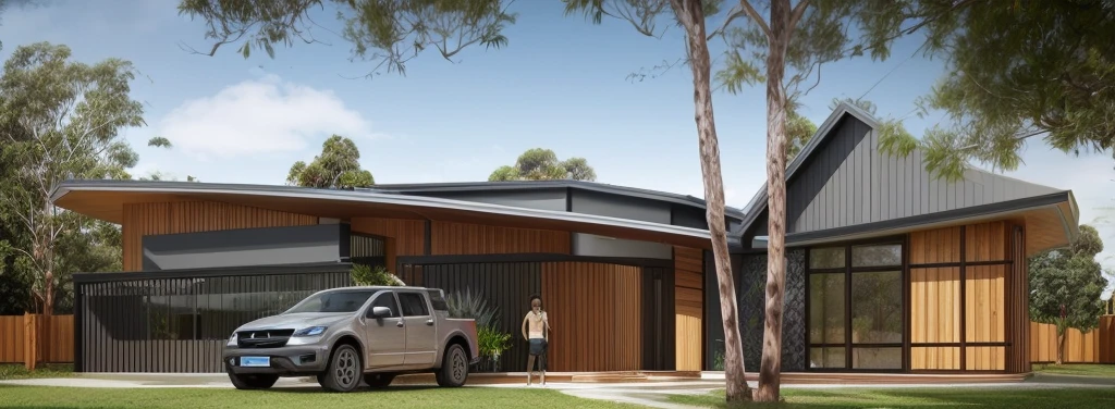 a exterior house, sunlight, modern house, timber and Colorbond cladding, masterpiece, realistic, best quality