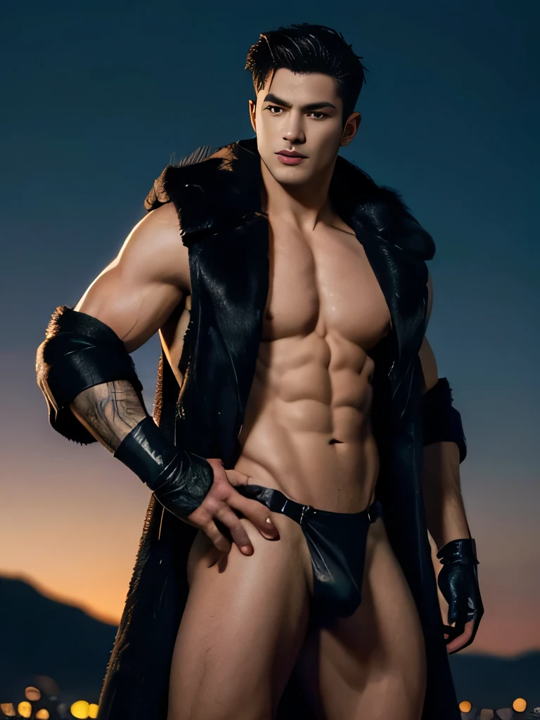 A muscular vampire, naked Caucasian male with short dark hair wearing black leather harness and briefs, he make black gloves , posing against at night outdoor. he wears the fur robes