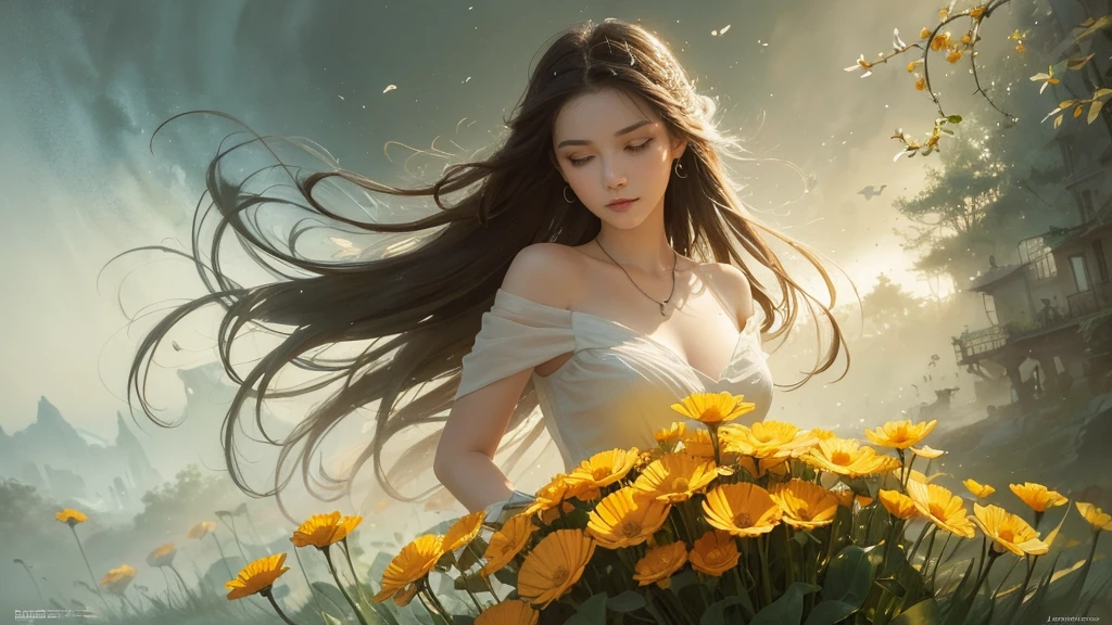 32k, Masterpiece, highest quality, One girl, Detailed eyes, flower,Sandersonia, Yellow and white style,A dreamy, romantic piece,Pale orange, Mysterious Leaves,A playful arrangement,Fantasy,High Contrast,Ink strokes,explosion,Exposure, Impression of yellow and white tones,Abstract,((Watercolours by John Berkey and Jeremy Mann )) Brush strokes,Negative Space, Tyndall effect,