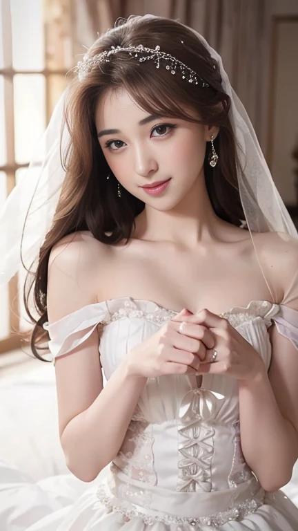 Wedding dress,bride,Waiting for love,Beautiful and delicate eyes,Beautiful and delicate lips,Extremely detailed eyes and face,long eyelashes,fairytale atmosphere,soft light,romantic mood,Stunning background,flowers,dream colors,Emotional expression,romantic pose,blurred background,sparkling veil,Delicate lace,Sparkling tiara,Elegant hairstyle,vintage decor,Vintage furniture,ethereal atmosphere,breeze,whispering tree,cute smile,anticipatory,Heartfelt emotions,gentle and loving,graceful movements,Soft and gentle touch,Warm and tender moments,romantic atmosphere,lifelike masterpiece,Highest quality 4k resolution,studio lighting,bright colors