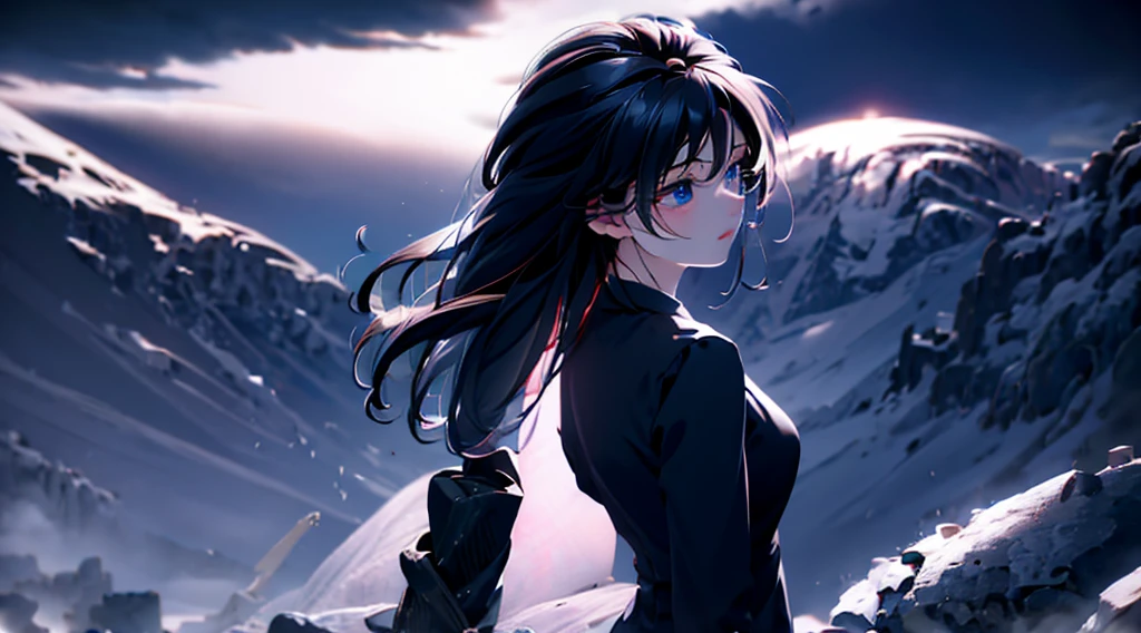 1 girl, medium light black hair, light blue eyes, wearing black suit, night city 18+, 18+ , high res, ultrasharp, 8K, masterpiece, looking from behind