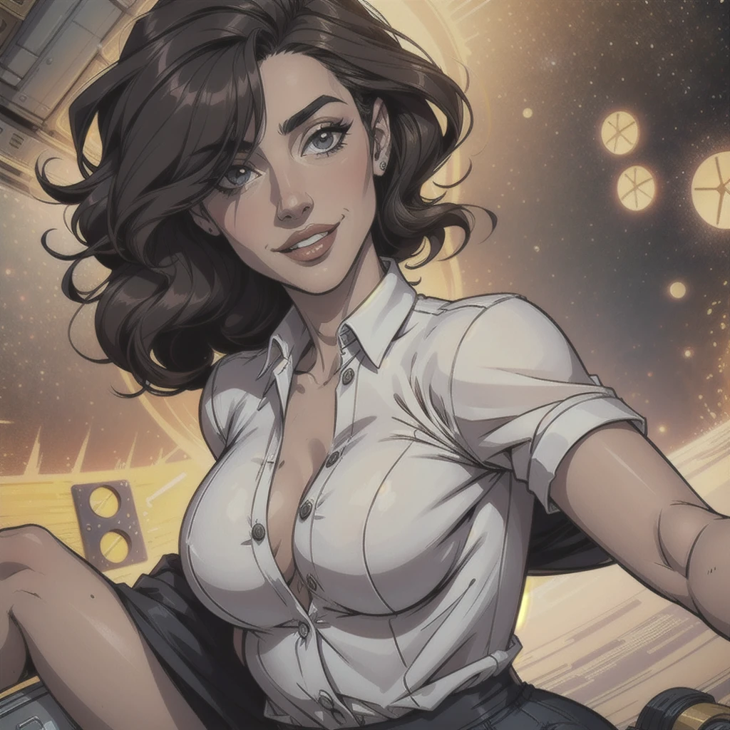 ((obra maestra, mejor calidad)), (1 chica), (solo), (enfoque femenino), (ahogo, pelo negro, cabello muy largo), ojos dorados, sonrisa clara, boca abierta, ((Camisa blanca), (camisa abotonada), (Space button)), ((falda vaquera), (falda corta)), de pie, Fondo blanco, brazos, dynamic angle