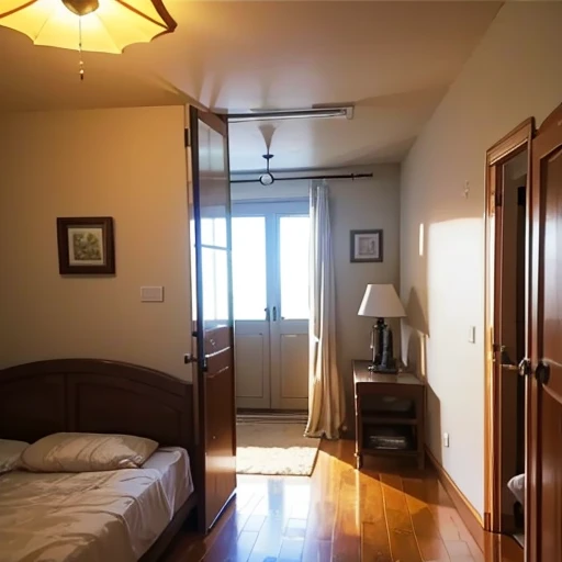 View from inside next to the door. A plain bedroom and next to it a window. Outside the window is white lighting shines. Perfect illumination.