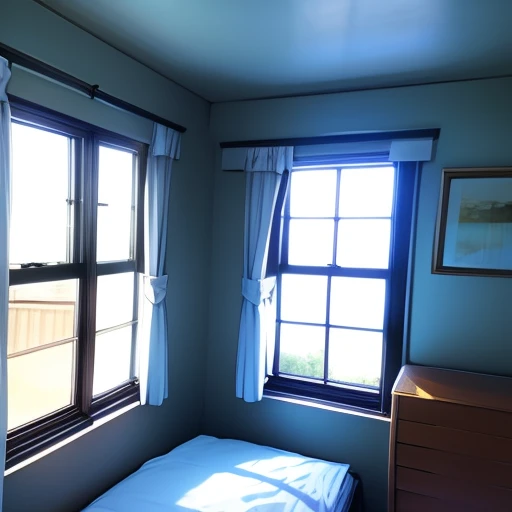 View from inside next to the door. A plain bedroom and next to it a window. Outside the window is white lighting shines. Perfect illumination.