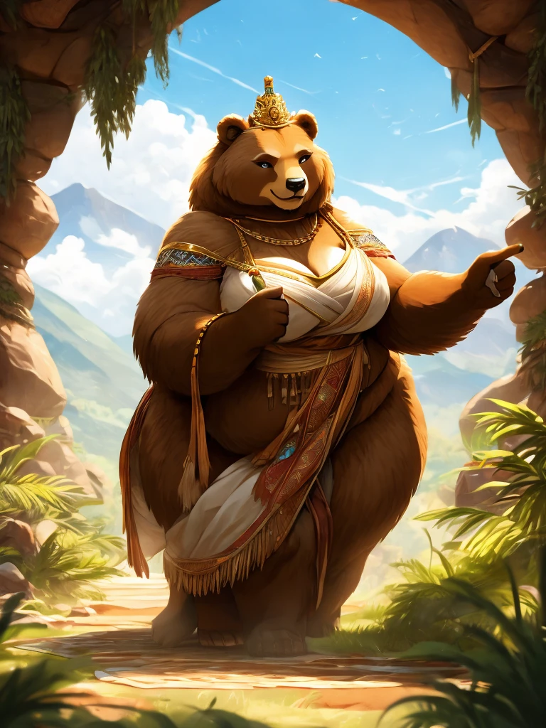 female, brown bear, goddess, fat, chubby, large breasts, cleavage, wide hips, huge hips, skimpy white toga, wedding veil, mountains, grassy fields with forest in the distance, blue sky, fluffy clouds, seductive expression, high quality eyes, high resolution, visually stunning, detailed hands, golden laurel crown, pointing at boulder with hole, large rock with a small hole, ritual stone