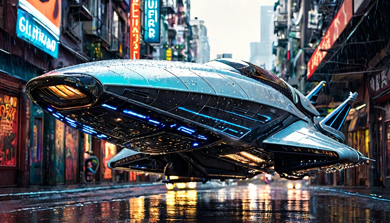 spaceship flying through space designed in the style, art by Hans Ruedi Giger, in the background a futuristic city, neon lights, wet street, highly detailed image, sharp focus, studio photography, xf iq 4, 1 5 0 0 0 0 mp, 5 0 mm, iso 2 0 0, 1/1 6 0 s, realistic, natural light, octane rendering, adobe lightroom, thirds resolution, symmetrical balance, depth layers, polarizing filter, ..., hd, color optics, .. .HD opaque color masterpiece