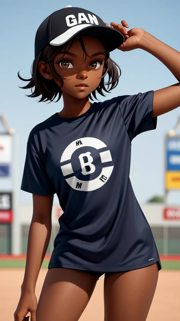 1 Girl, Solo, Dark Skinned, Dark Skinned Female, Torso, Baseball Cap, T-Shirt, Tomboy