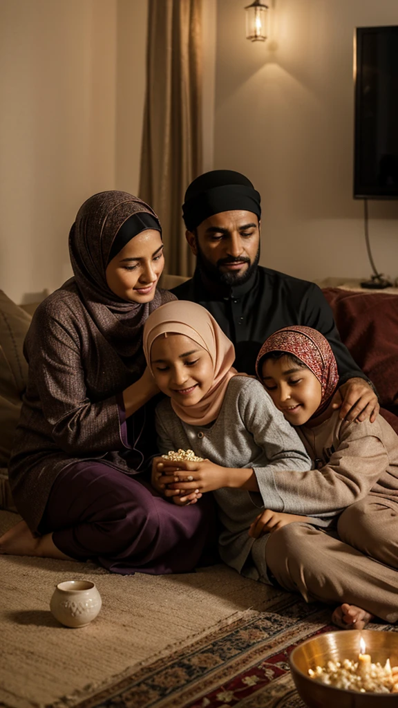 
A happy smiling Muslim family, sitting together around a dining table filled with various dishes. Father, mother, and their two children sat close together with warm and affectionate expressions. They looked at each other with happiness, reflecting the strong and harmonious family ties. The cozy dining room background with soft lights adds warmth to this family moment, showing affection and cooperation in daily life.very real, high resolution, 8k resolution, intricate details