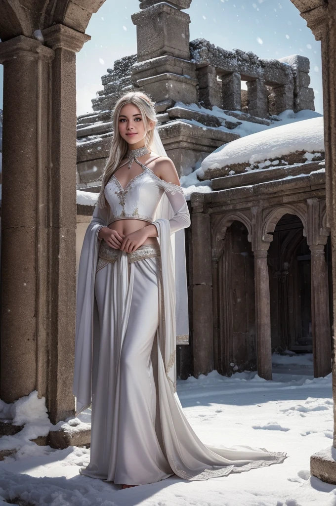 Extremely detailed hyperrealism, beautiful natural young drow in a snow-white ribbons on the body, shy smile, full body, visitation and ruins temple background,
