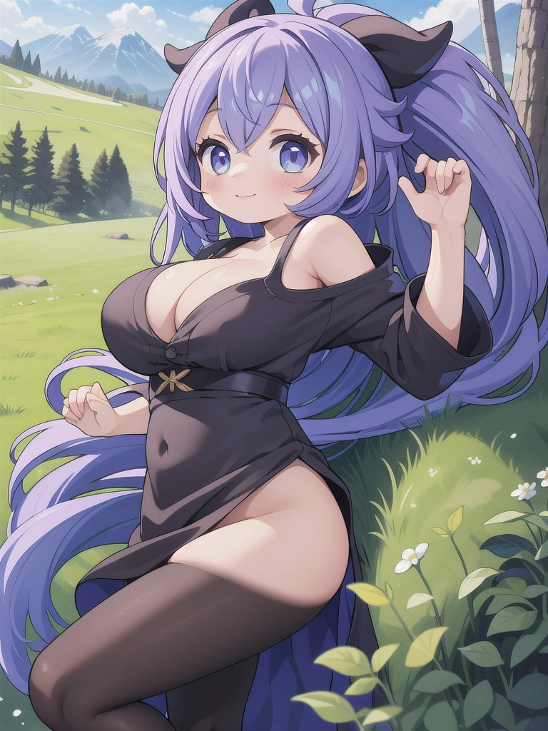 master-piece, bestquality, 1girls,, View viewers from the side, HD, slight smile, big tits, cleavage, tights cloth, , tiny body, lied, outdoor, mountain,