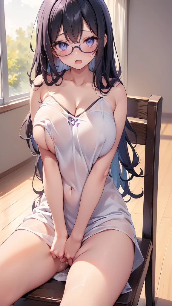 (cute eyes:1.2), (sparkling eyes:1.2), (8K、Best image quality、highest quality、masterpiece)、Detailed face、(2 girls)、Improve、(Black Hair, Purple Eyes, Glasses, long hair)、(open mouth), (embarrassed), (skinny body:1.3),(huge breasts:1.2), (Naked Towel:1.3), (cleavage), Sit on a chair, Classroom Background, (Waistline:1.1),(tits), (spread legs,),((see through)),(((nipples visible))),nipples, exposure,((pussy juice)),(((masturbation))) ,((vaginal finger)),(loli),((loli girl)),long hair,(((((oppai loli))))),((nipples)),