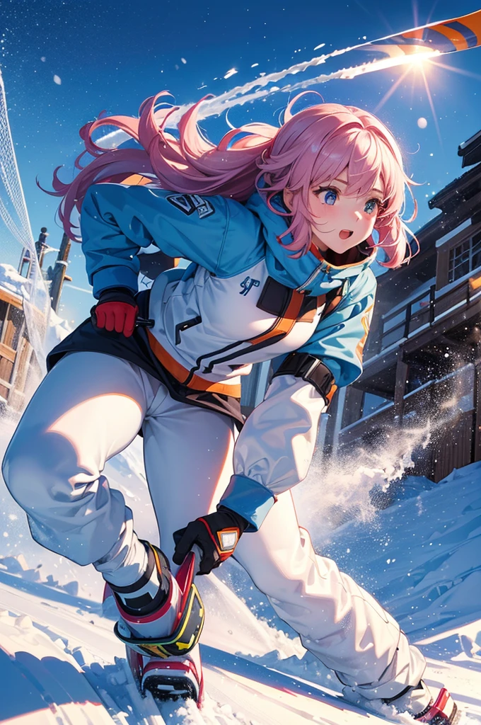 1 girl,(Ski, sledge, Snow Explosion), Action Shots, Vivid colors,Light of the sun, Wide angle,Perfect Action, (end:1.3) 8k, F2.8, RAW Photos, Super detailed, Real Life,Bokeh,32k,
