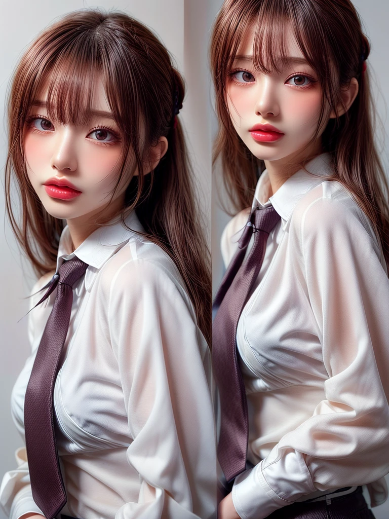 ((highest quality)),(超A high resolution),(Very detailed),(Detailed Description),((The best CG)),(masterpiece),Very detailedなアート、Small breasts、Whitening 1.5、Clear skin quality、Professional Lighting、Cinema lighting、(((White shirt、tie、1.5)))、Black trousers、Gray background、