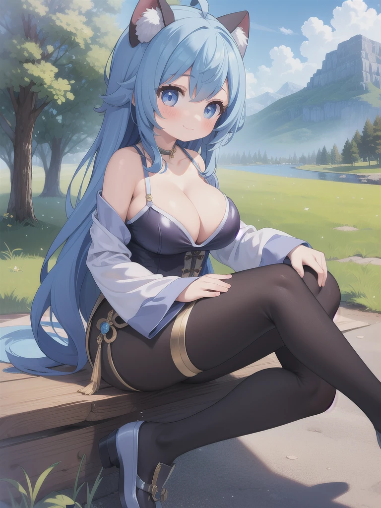 master-piece, bestquality, 1girls,, View viewers from the side, HD, slight smile, big tits, cleavage, tights cloth, , tiny body, lied, outdoor, mountain,