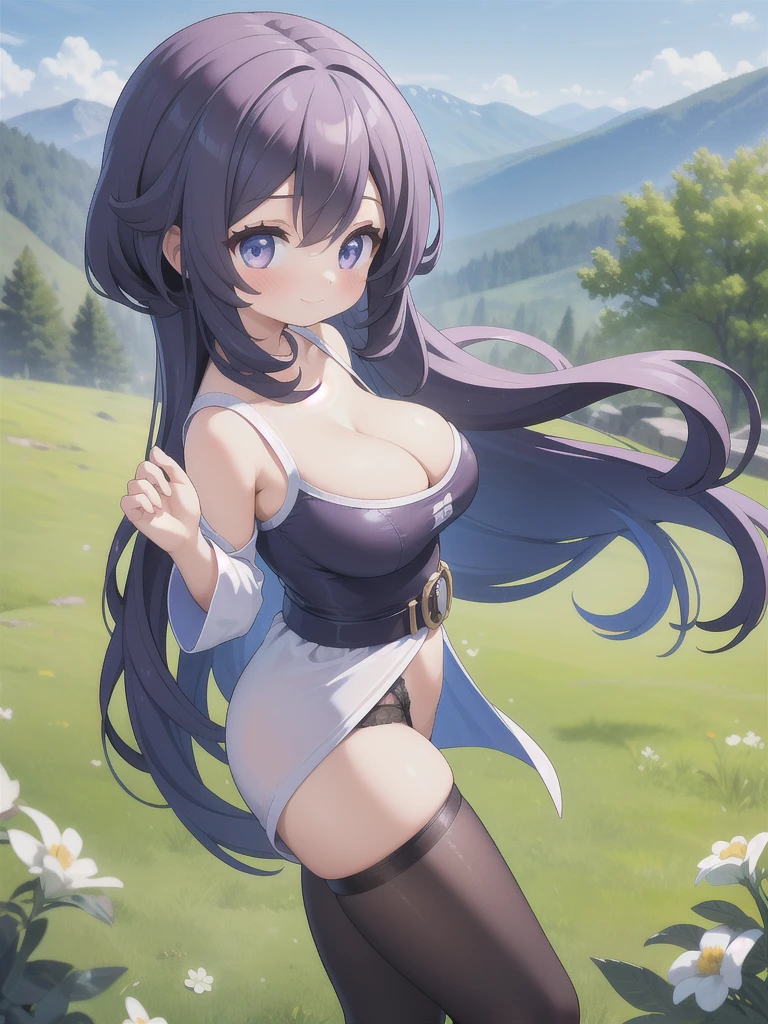 master-piece, bestquality, 1girls,, View viewers from the side, HD, slight smile, big tits, cleavage, tights cloth, , tiny body, lied, outdoor, mountain,