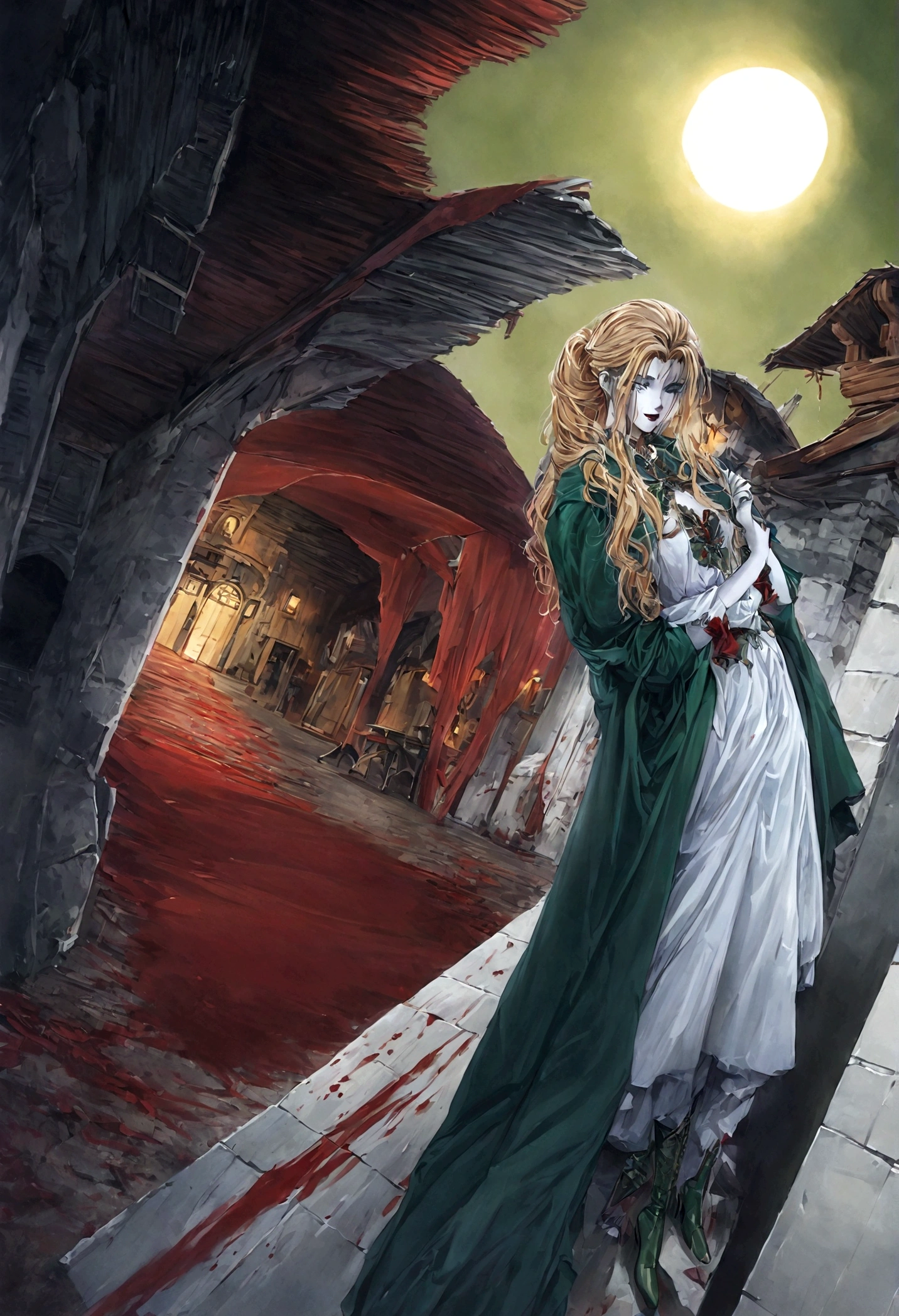 Photo of vampire standing in front of her house, An exquisitely beautiful female vampire at the front door of her home, whole body (Super detailed, masterpiece, best quality), Super detailed face (Super detailed, masterpiece, best quality), Gray skin: 1.3 , blond, Ponytail, long hair, blue eyes, Cold Eyes, Glowing eyes, Focused gaze, Smile [Drops of blood on the face] (Super detailed, masterpiece, best quality), dark Red lips, [Vampire Fangs], Wear (Red: 1.4) skirt (Super detailed, masterpiece, best quality), (green: 1.4) dark green cloak, (green: 1.3) (green: 1.3) Her high-heeled boots in front of her house, Lenses, Movie lighting high detail, best quality, 16K, [Super detailed], masterpiece, best quality, (Super detailed), whole body, Ultra wide-angle shooting, Photorealism, Dark Fantasy Art, Moonlight shines through the window, moon rays, Gothic art, Feelings of fear, Feeling of temptation, Blood Magic Information
