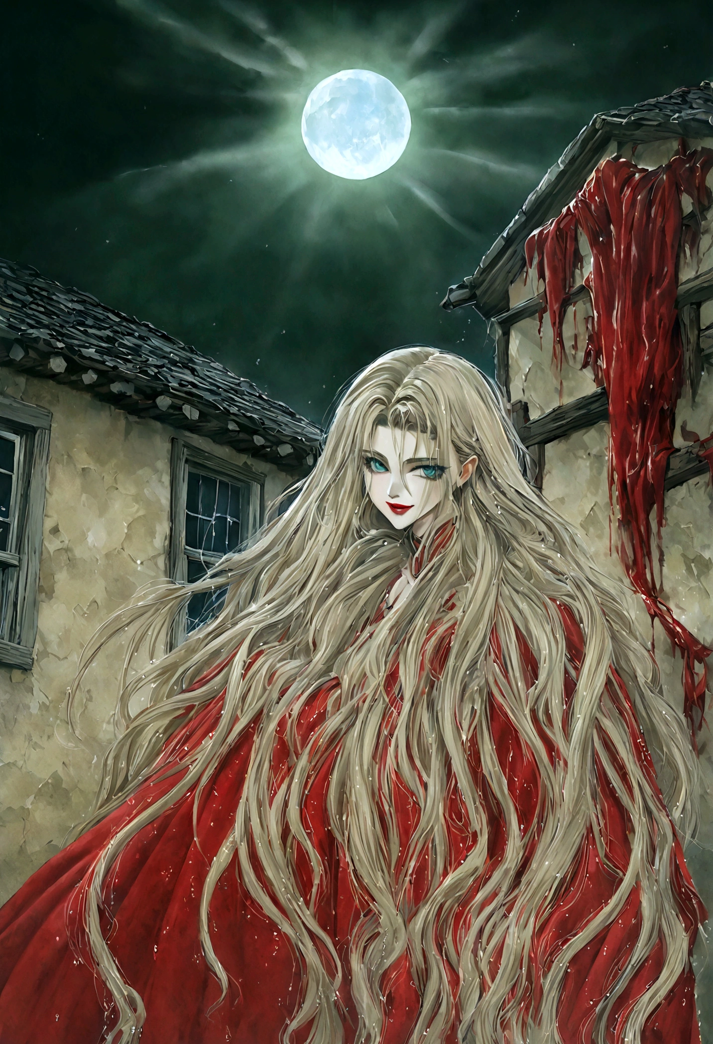 Photo of vampire standing in front of her house, An exquisitely beautiful female vampire at the front door of her home, whole body (Super detailed, masterpiece, best quality), Super detailed face (Super detailed, masterpiece, best quality), Gray skin: 1.3 , blond, Ponytail, long hair, blue eyes, Cold Eyes, Glowing eyes, Focused gaze, Smile [Drops of blood on the face] (Super detailed, masterpiece, best quality), dark Red lips, [Vampire Fangs], Wear (Red: 1.4) skirt (Super detailed, masterpiece, best quality), (green: 1.4) dark green cloak, (green: 1.3) (green: 1.3) Her high-heeled boots in front of her house, Lenses, Movie lighting high detail, best quality, 16K, [Super detailed], masterpiece, best quality, (Super detailed), whole body, Ultra wide-angle shooting, Photorealism, Dark Fantasy Art, Moonlight shines through the window, moon rays, Gothic art, Feelings of fear, Feeling of temptation, Blood Magic Information
