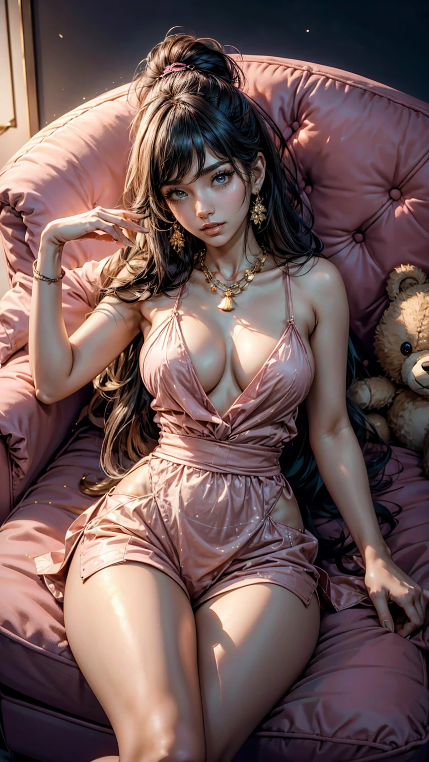 a woman laying on top of a couch next to a teddy bear, female gigachad, while posing in the same bed, instagram model, 2 4 year old female model, asian female, iranian, 😭 🤮 💕 🎀, popular on instagram, instagram influencer, instagram digital, human female, mia khalifa, real trending on instagram image, perfect human female specimen