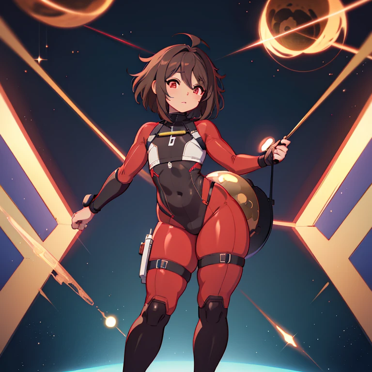 anime boy, crossdresser, 1boy, medium dark brown hair, red eyes, brown skin, wide hips, narrow waist and thick thighs, flustered, brushing, standing in space, flat chest, full body suit, visible bulge, skin tight space green quantum space suit in outer space