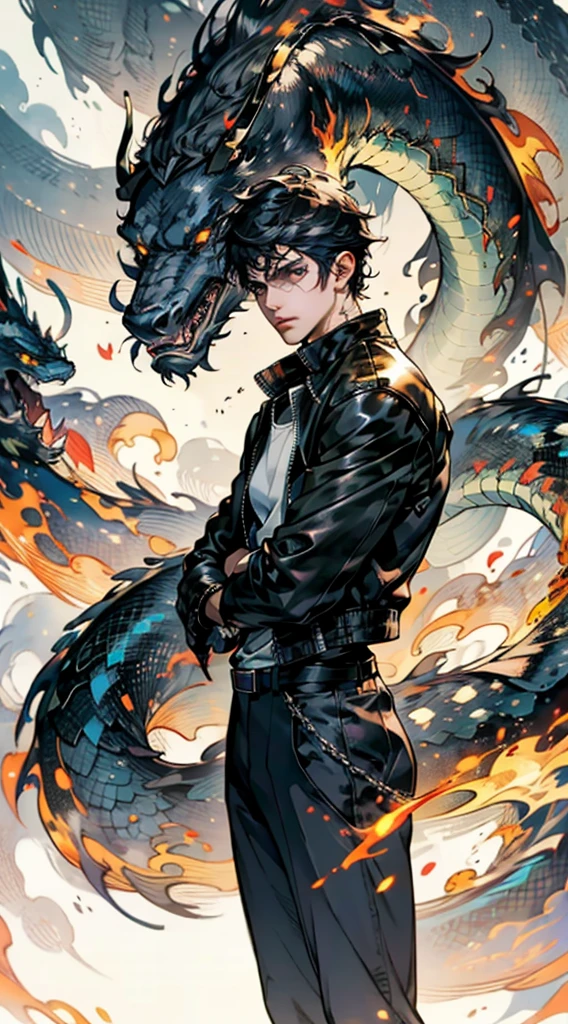 young man, dark blue short hair, long bangs, covering half the face, keen eyes, long scar on face, expression of dissatisfaction, fantasy leather jacket over a dark tank, trousers, matching the outfit, black fire swirls around, a formidable dragon is depicted in the background, formed by black flame, this character embodies a finely crafted fantasy realist anime style., sophisticated and mature manga style, a high resolution, Best quality, a high resolution, ultra detailed, ultra fine painting, extremely delicate, professional, Anatomically correct, symmetrical face, extremely detailed eyes and face, High quality eyes, creativity, Raw photo, UHD, 8K, natural light, cinematic lighting, masterpiece-anatomy-perfect, masterpiece:1.5