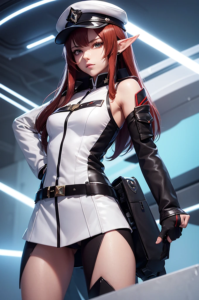 Create a highly detailed 3D rendering of a character named Ulc from SEGA's PSO2. The character is an elf-like female with pointed ears and long, straight, dark red hair. She wears a futuristic, military-style uniform with gray and white colors. (small military garisson cap), The uniform includes a fitted jacket with intricate white designs, shoulder epaulets, and a skirt. She has a serious expression and is depicted with one hand near her ear as if she is communicating through a device. (shiny skin)