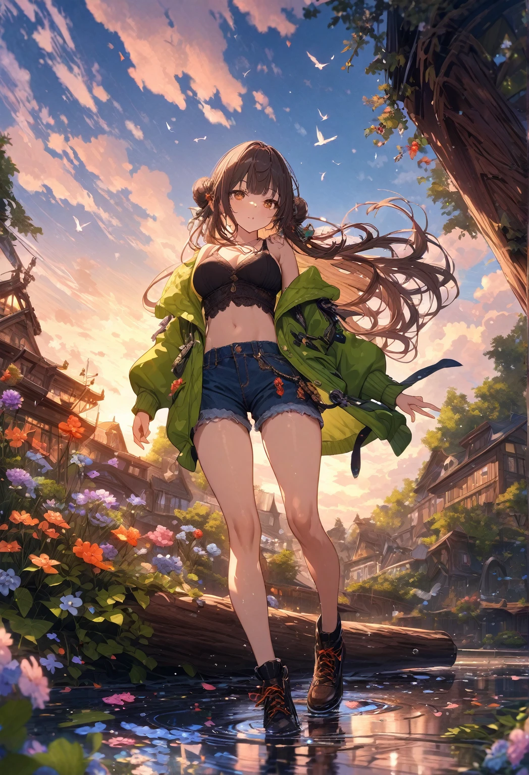 ((masterpiece), best quality, very aesthetic, newest, absurdres, detailed, high quality)
BREAK
highest quality, highres, ultra fine painting, digital art, official art, cinematic, 4k, 8k resolution, 8K CG wallpaper, CG, original artwork, (top quality, details:1.37), detailed background, High Dynamic Range, blurry background, golden hour, blue hour, Starburst effects, crepuscular rays, good ISO, high resolution, wide shot, from far away, epic lighting, RAW photo, POV, sharp focus, lens flare, light reflection, reflections, light source, intricate details, hard light, particle noise, professional photography, bokeh, depth of field, good lighting, hard colors, looking away, detailed lights and shadows, stylish, ultra-detailed, Pixiv, trending art, niji style, modern-days, master crafted, pose
BREAK
solo, 1girl, a girl, correct fingers, detailed eyes, (medium big breasts:1.2), big thighs, short torso, short body, flushtered, casual, (cute, slim), childish face, nice hips, nice body, brown hair, (long flowing hair:1.1), big twin buns hairstyle, long bangs, long hair, middle hair bangs, brown eyes, dynamic pose, full body
BREAK
(black tank top, off shoulder open green hoodie, tummy skin:1.1, open unbuttoned shorts, outfit ornaments)
BREAK
flower garden, grass, flowers, tress, plants, puddle, birds, animals, clouds, branches, tree log, tree stump, outdoor, landscape, open field, forest area
