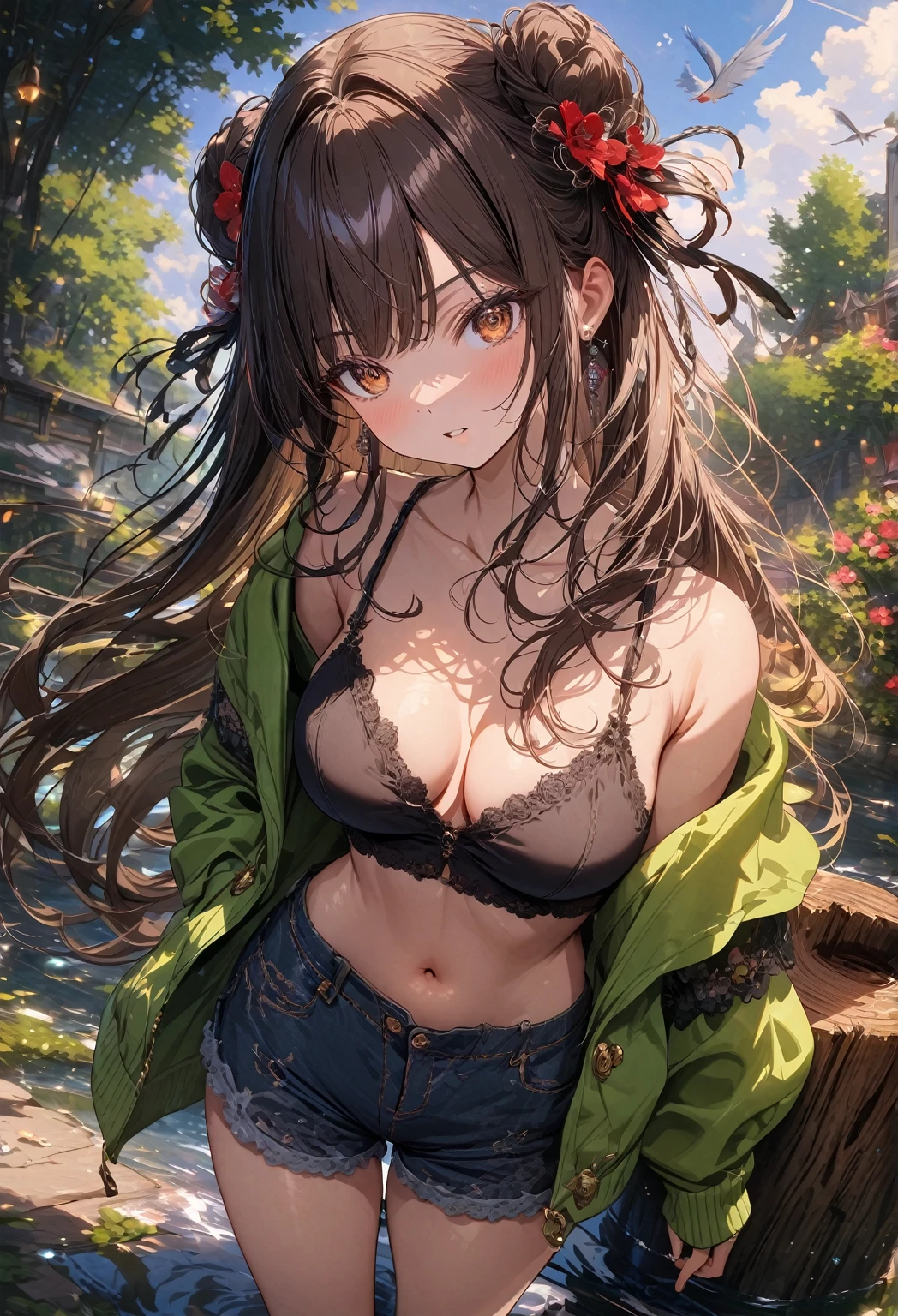 ((masterpiece), best quality, very aesthetic, newest, absurdres, detailed, high quality)
BREAK
highest quality, highres, ultra fine painting, digital art, official art, cinematic, 4k, 8k resolution, 8K CG wallpaper, CG, original artwork, (top quality, details:1.37), detailed background, High Dynamic Range, blurry background, golden hour, blue hour, Starburst effects, crepuscular rays, good ISO, high resolution, wide shot, from far away, epic lighting, RAW photo, POV, sharp focus, lens flare, light reflection, reflections, light source, intricate details, hard light, particle noise, professional photography, bokeh, depth of field, good lighting, hard colors, looking away, detailed lights and shadows, stylish, ultra-detailed, Pixiv, trending art, niji style, modern-days, master crafted, pose
BREAK
solo, 1girl, a girl, correct fingers, detailed eyes, (medium big breasts:1.2), big thighs, short torso, short body, flushtered, casual, (cute, slim), childish face, nice hips, nice body, brown hair, (long flowing hair:1.1), big twin buns hairstyle, long bangs, long hair, middle hair bangs, brown eyes, dynamic pose, full body
BREAK
(black tank top, off shoulder open green hoodie, tummy skin:1.1, open unbuttoned shorts, outfit ornaments)
BREAK
flower garden, grass, flowers, tress, plants, puddle, birds, animals, clouds, branches, tree log, tree stump, outdoor, landscape, open field, forest area