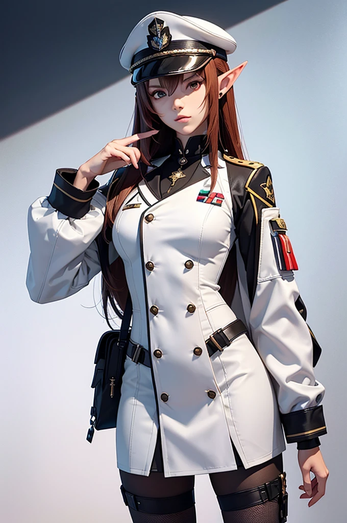 Create a highly detailed 3D rendering of a character named Ulc from SEGA's PSO2. The character is an elf-like female with pointed ears and long, straight, dark red hair. She wears a futuristic, military-style uniform with gray and white colors. (small military garisson cap), The uniform includes a fitted jacket with intricate white designs, shoulder epaulets, and a skirt. She has a serious expression and is depicted with one hand near her ear as if she is communicating through a device. (shiny skin)