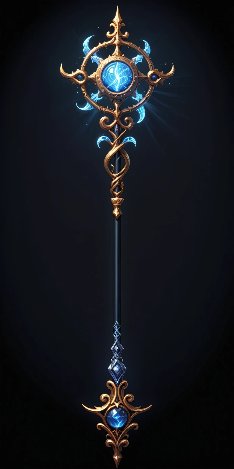 pixel art, cartoon illustration, Divine glavie greatstaff, Powerfull Magical theme, simple black background, RPG game icon